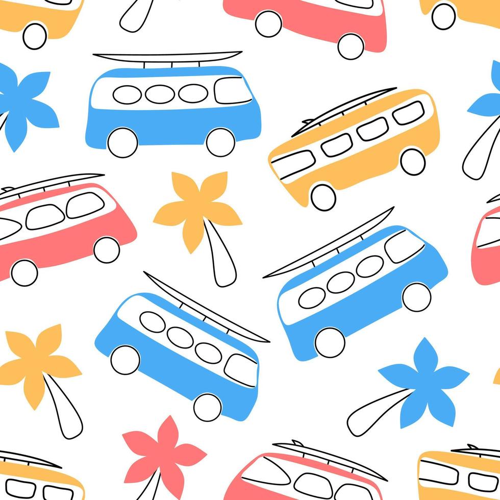 Seamless pattern with retro vans and palm trees vector