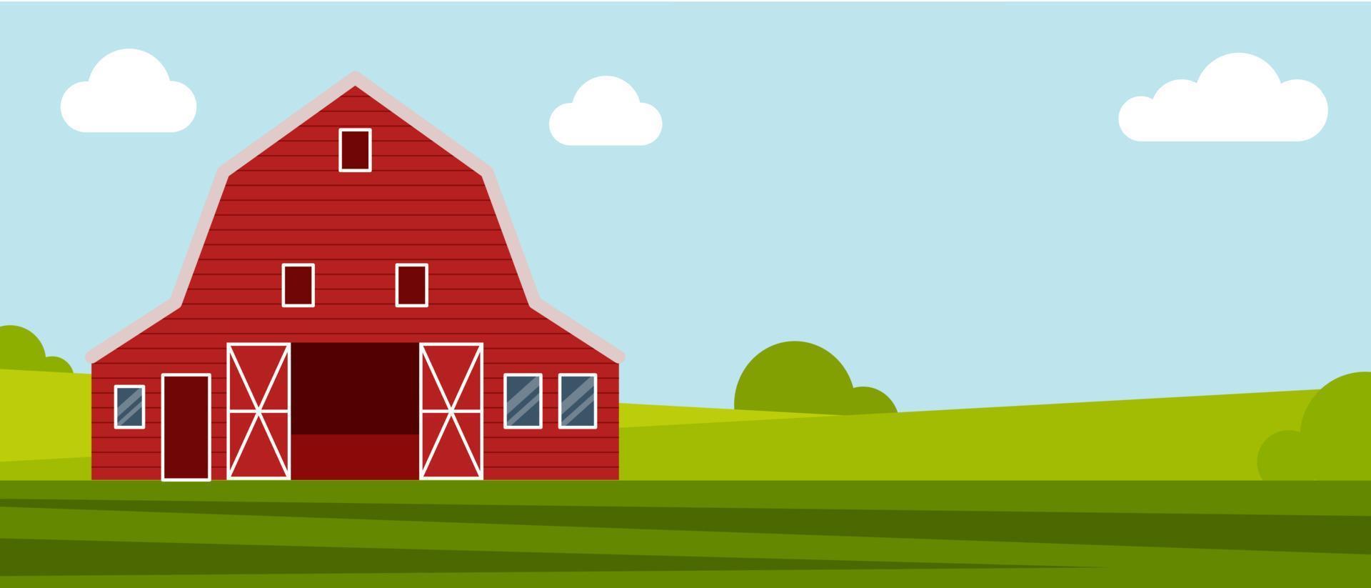 Country farm house on a green meadow, agricultural construction. Flat vector illustration on a background of blue sky with clouds.Cartoon rural landscape panorama field.Banner for website