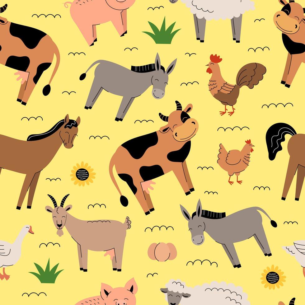 Farm animals seamless pattern on yellow background. Collection of cartoon cute baby animals and birds. Cow, sheep, goat, horse, donkey, pig, chicken, rooster, goose. Flat vector illustration isolated.