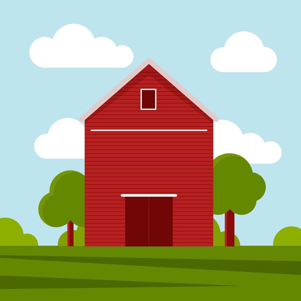 Country farm house on a green meadow, agricultural construction. Flat vector illustration on a background of blue sky with clouds