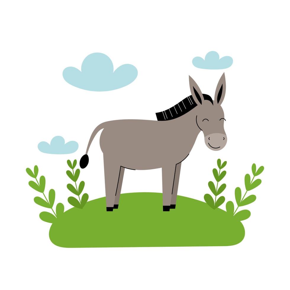 Cute gray donkey stands in the meadow. Cartoon farm animals, agriculture, rustic. Simple vector flat illustration on white background with blue clouds and green grass.