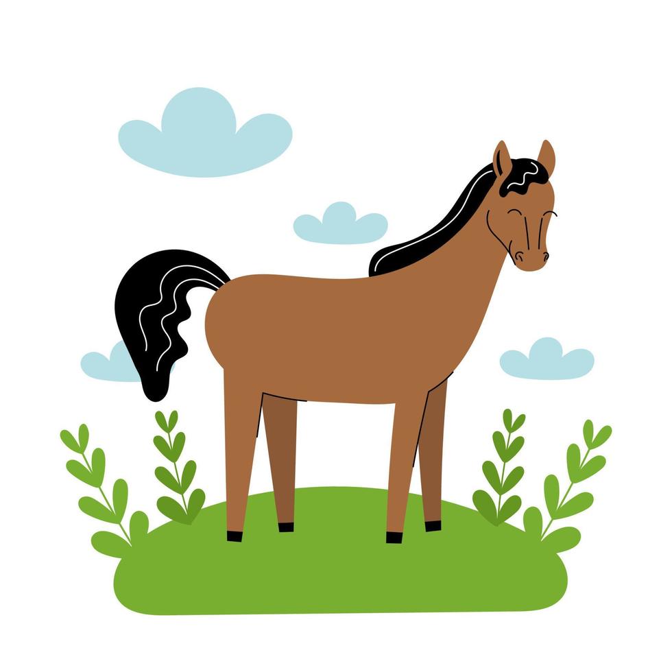 Cute brown horse stands in a meadow. Cartoon farm animals, agriculture, rustic. Simple vector flat illustration on white background with blue clouds and green grass.