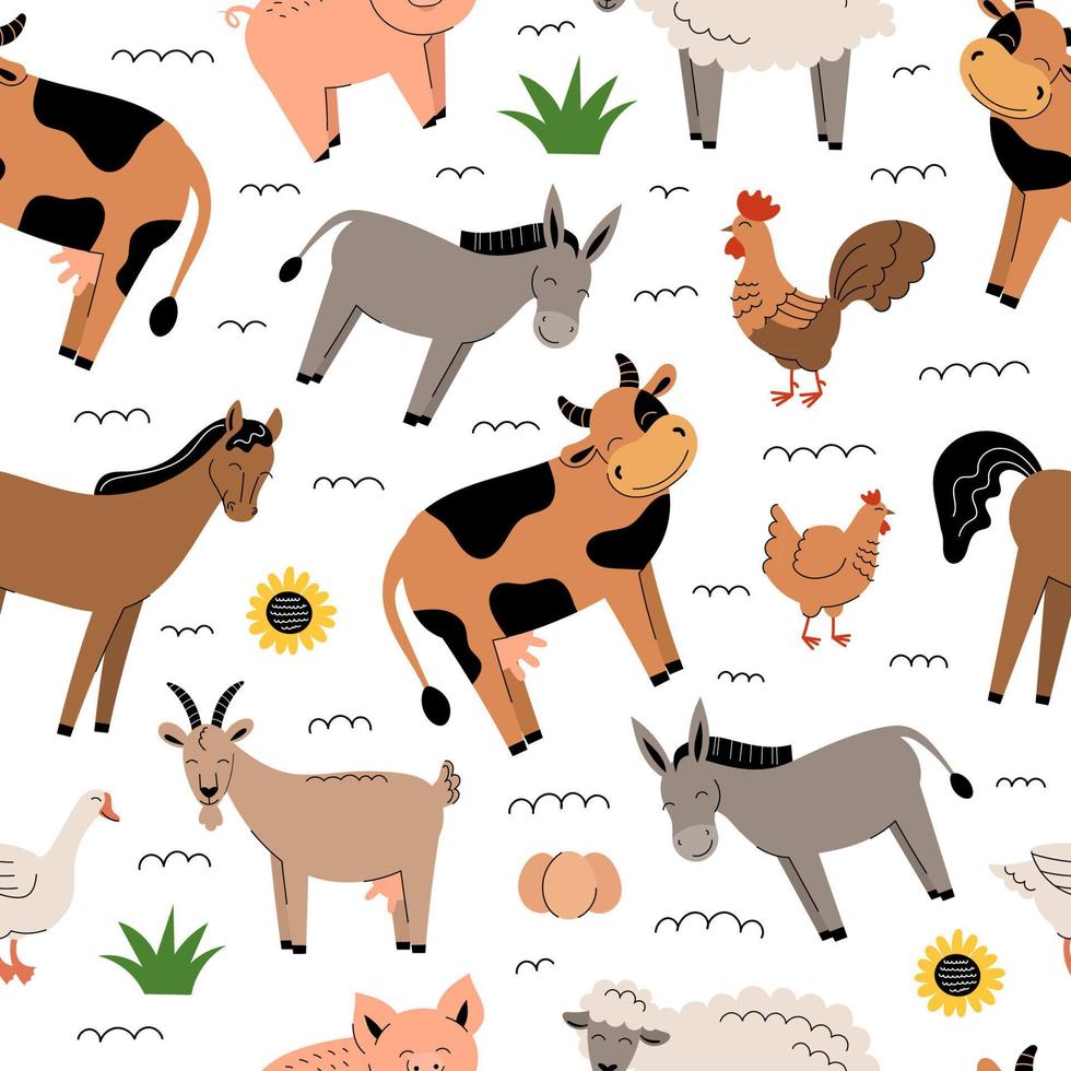 patrones sin fisuras de animales de granja sobre fondo blanco. colección de dibujos animados lindos animales y pájaros. vaca, oveja, cabra, caballo, burro, cerdo, pollo, gallo, ganso. ilustración vectorial plana aislada. vector