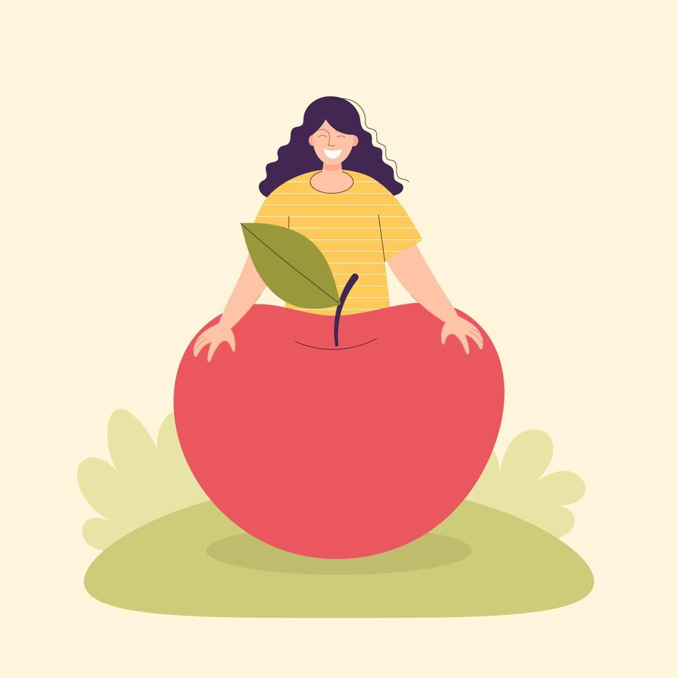 agricultora adulta con una gran manzana. concepto de cosecha, vegetarianismo, alimentos saludables, productos agrícolas, vitaminas. feria con productos del pueblo. ilustración de dibujos animados plana aislada sobre fondo claro vector