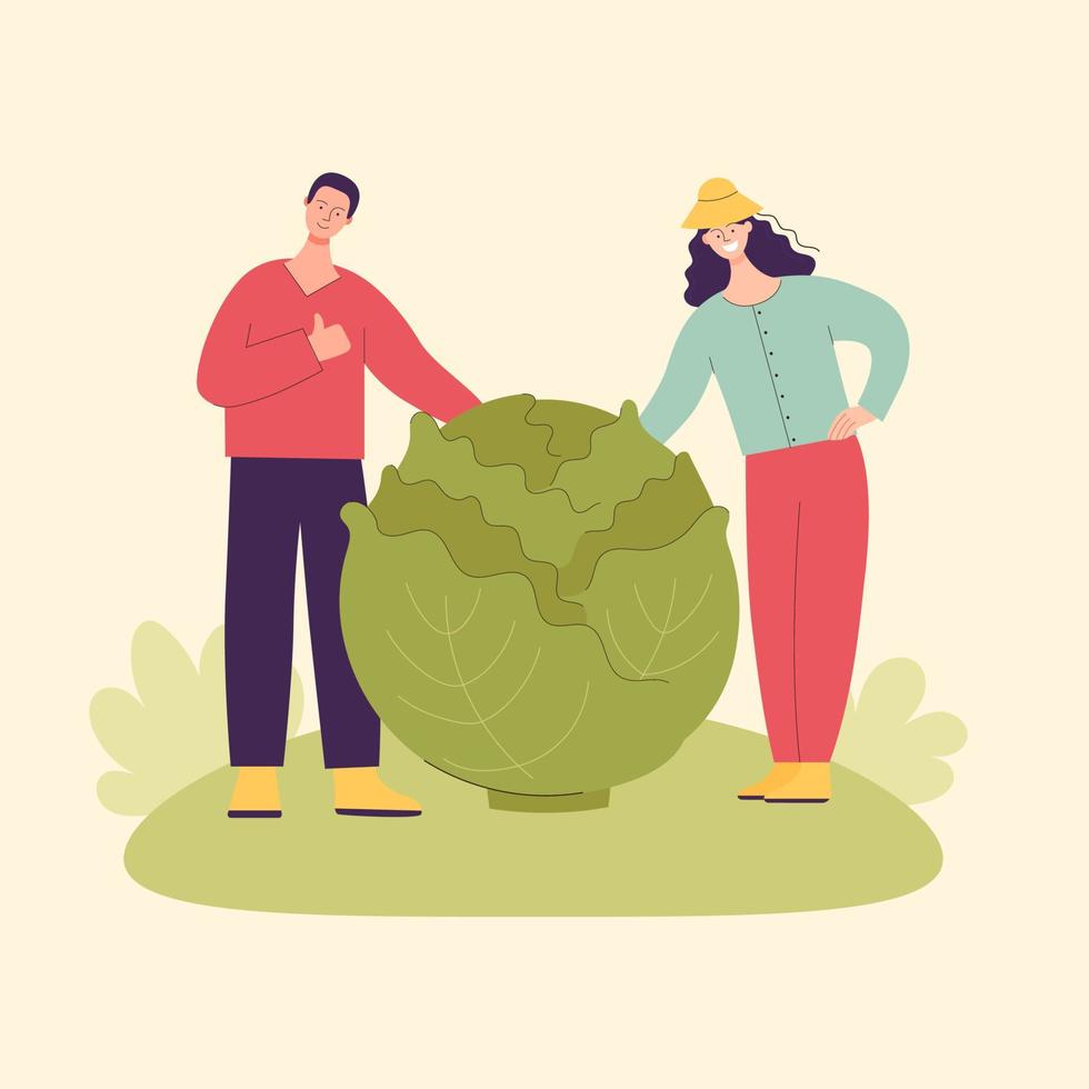 Adult man and woman,farmers with large cabbage.Harvesting concept, vegetarianism,healthy food,farm products,vitamins. Fair with village products.Flat cartoon illustration isolated on light background vector