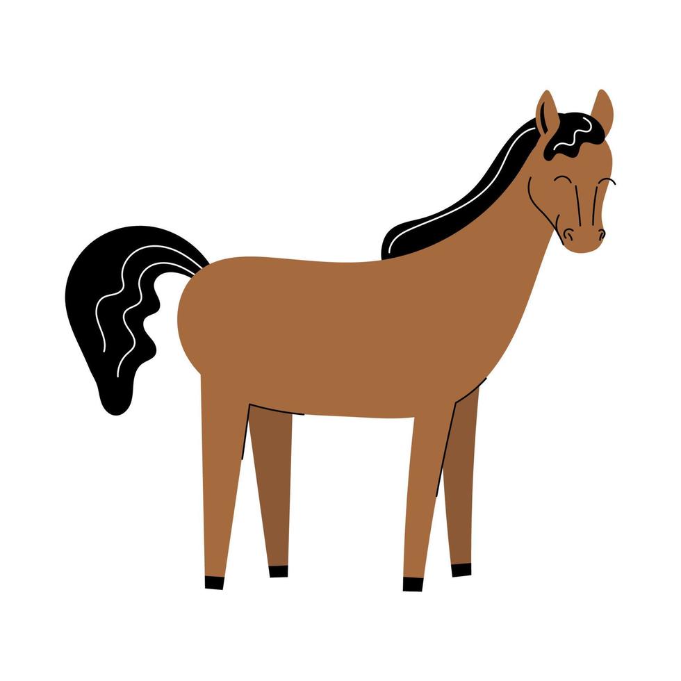 Cute brown horse. Cartoon farm animals. Simple vector flat