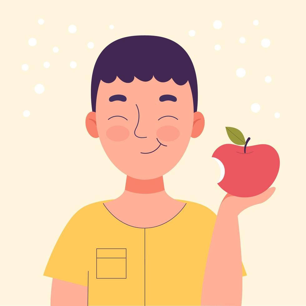 lindo niño sonriente comiendo una manzana. merienda escolar, comida  saludable, dieta de frutas, vitaminas para niños. ilustración de stock de  dibujos animados de vector plano 7533816 Vector en Vecteezy