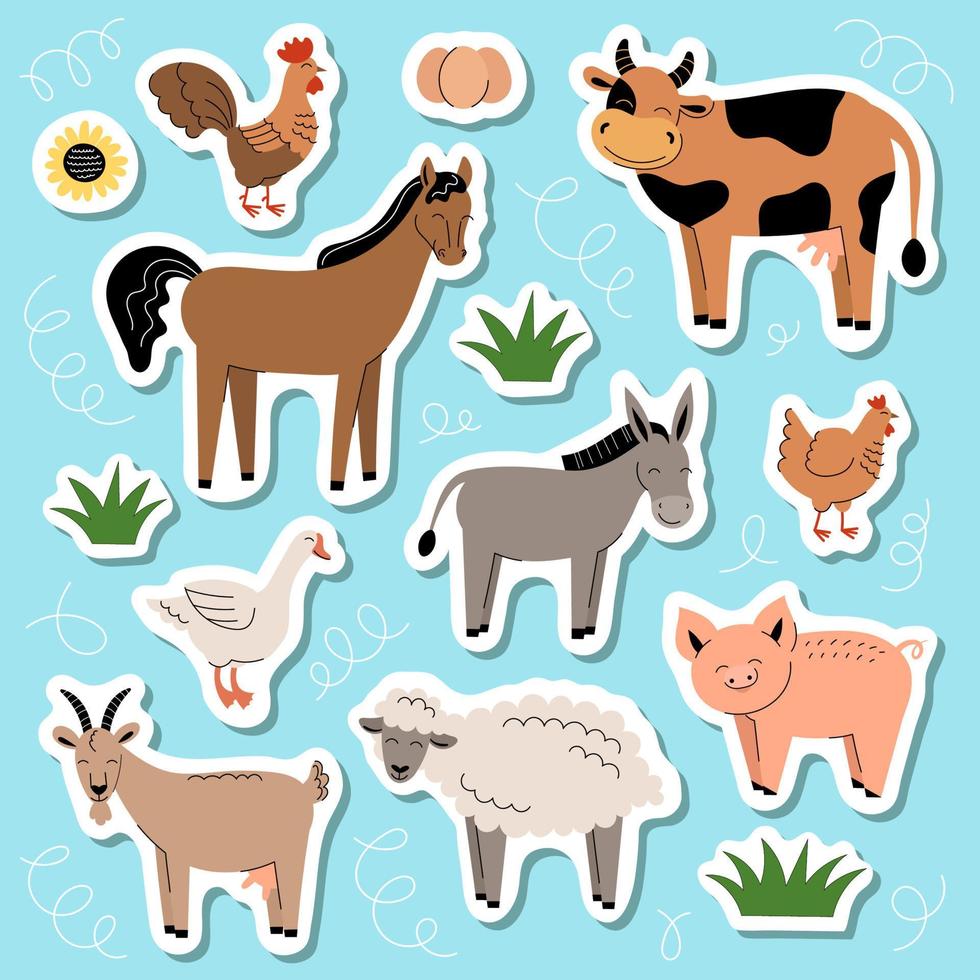 Farm animals stickers. Collection of cartoon cute baby animals and birds. Cow, sheep, goat, horse, donkey, pig, chicken, rooster, goose. Flat vector illustration on blue background