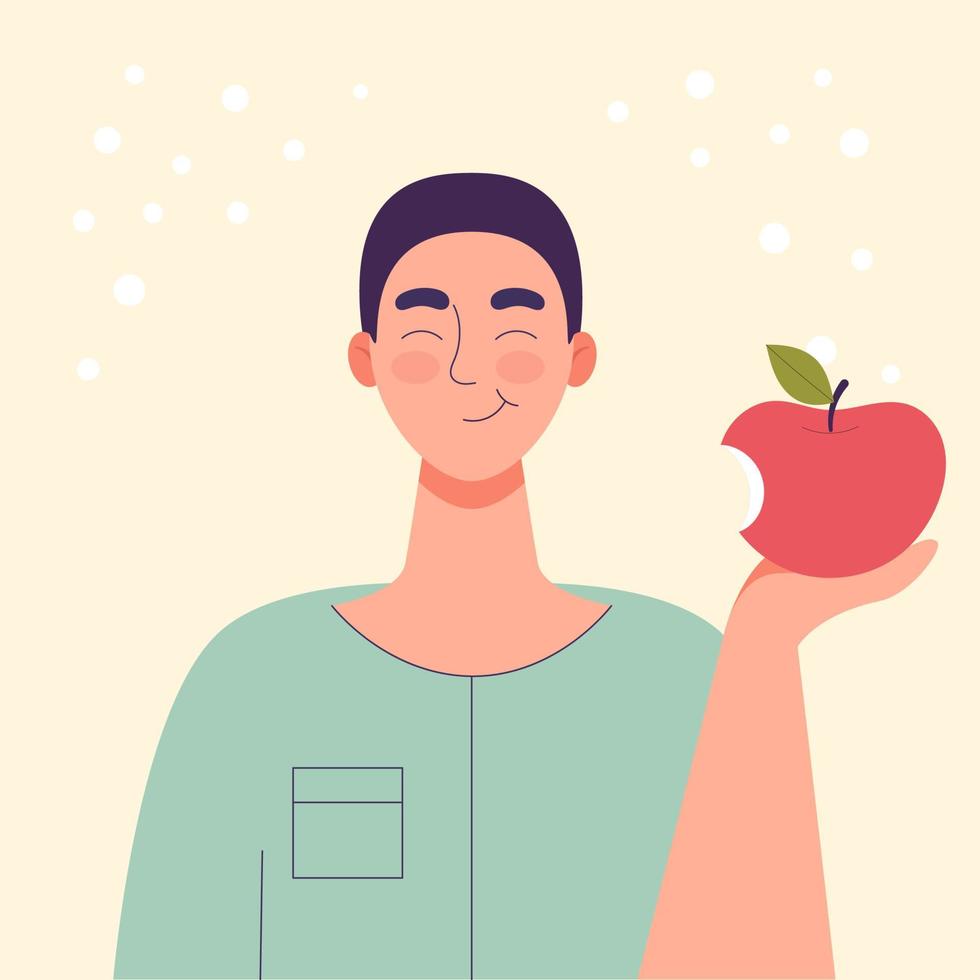 el hombre está comiendo una manzana. comida dietética, estilo de vida saludable, comida vegetariana, dieta de alimentos crudos. merienda estudiantil. ilustración vectorial de dibujos animados plana. vector