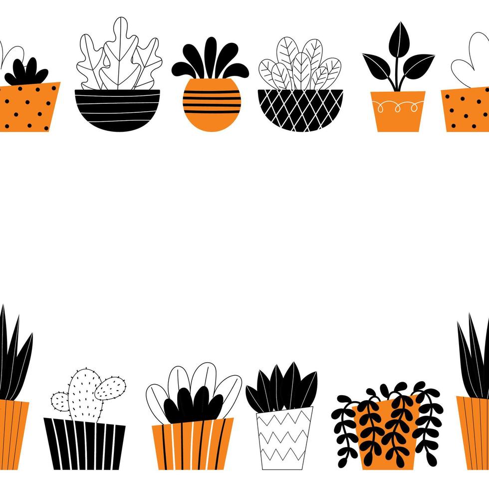 borde vectorial de plantas de interior. decoración del hogar, jardinería, flores en maceta. decoración de la habitación ilustración de diseño estilizado sobre un fondo blanco. espacio para texto. vector