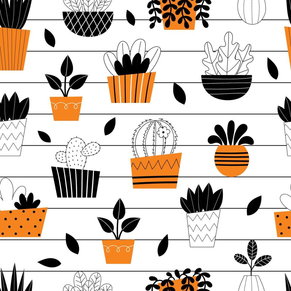 Seamless pattern indoor room plants. Potted flowers. Stylized home plants. Home decor and interior. Succulents, monstera, cacti. Illustration isolated on white background. vector