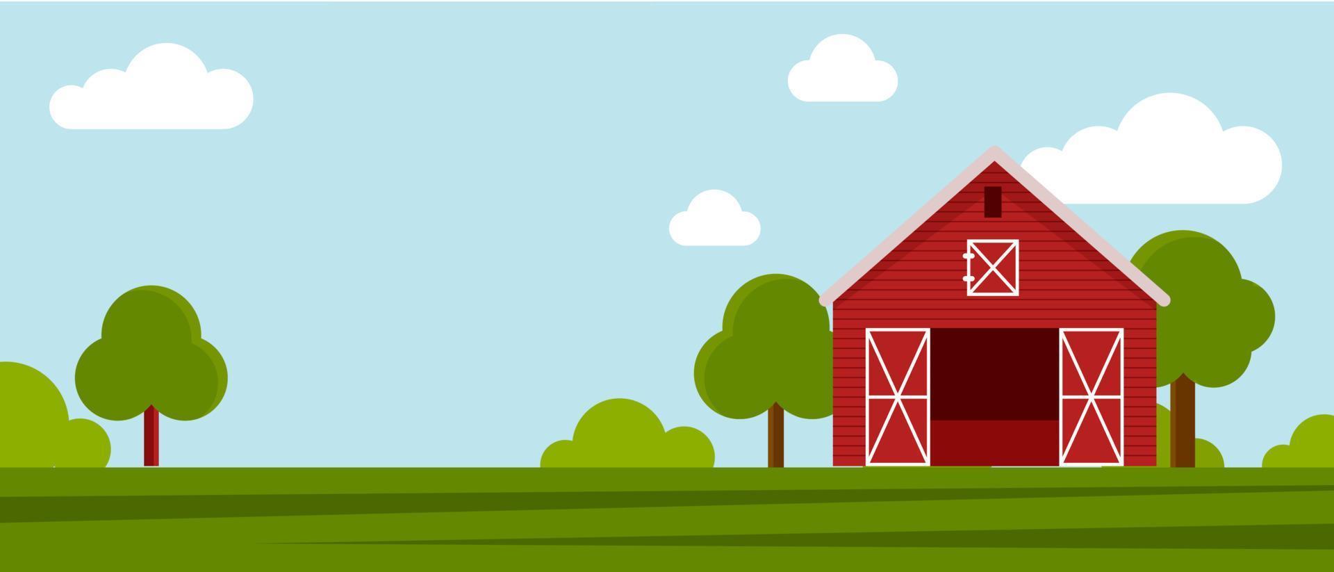 Country farm house on a green meadow, agricultural construction. Flat vector illustration on a background of blue sky with clouds.Cartoon rural landscape panorama field.Banner for website