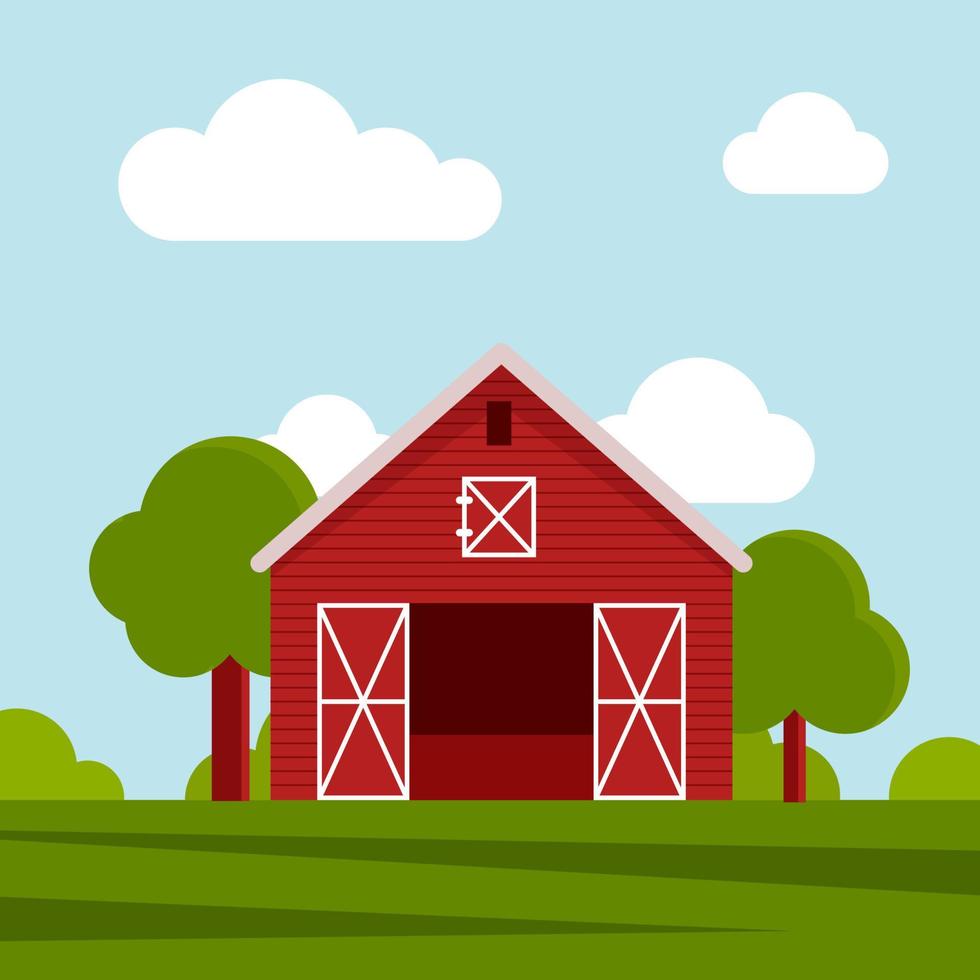 Country farm house on a green meadow, agricultural construction. Flat vector illustration on a background of blue sky with clouds