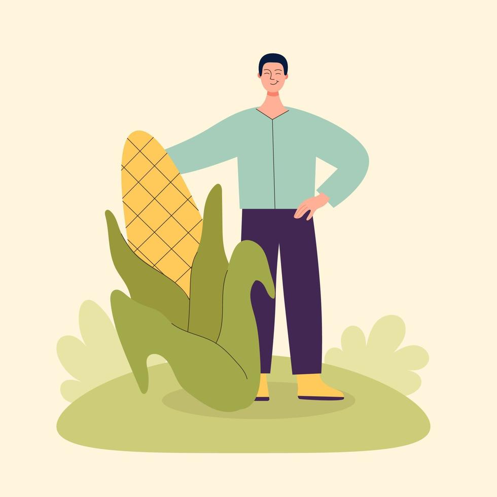Adult male farmer with big corn. Harvesting concept, vegetarianism, healthy food, farm products, vitamins. Fair with village products. Flat cartoon illustration isolated on light background vector