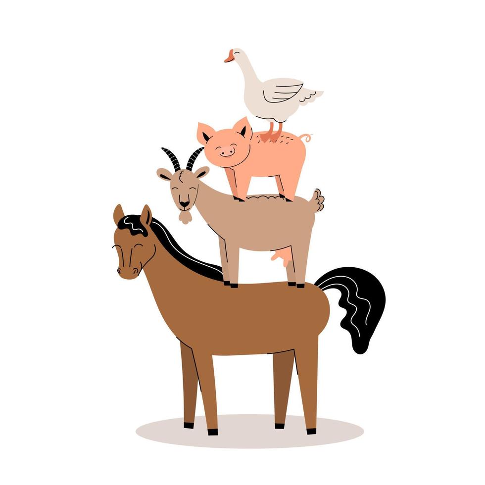 animales de granja sobre un fondo blanco. colección de dibujos animados lindos animales y pájaros. cabra, caballo, cerdo, ganso. ilustración vectorial plana aislada. vector