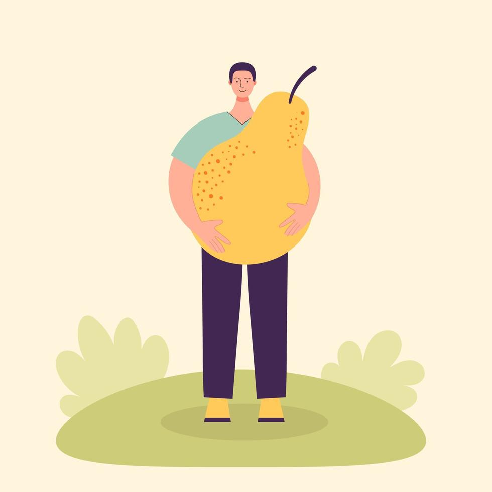 Adult male farmer with a large pear. Harvesting concept, vegetarianism, healthy food, farm products, vitamins. Fair with village products. Flat cartoon illustration isolated on light background vector