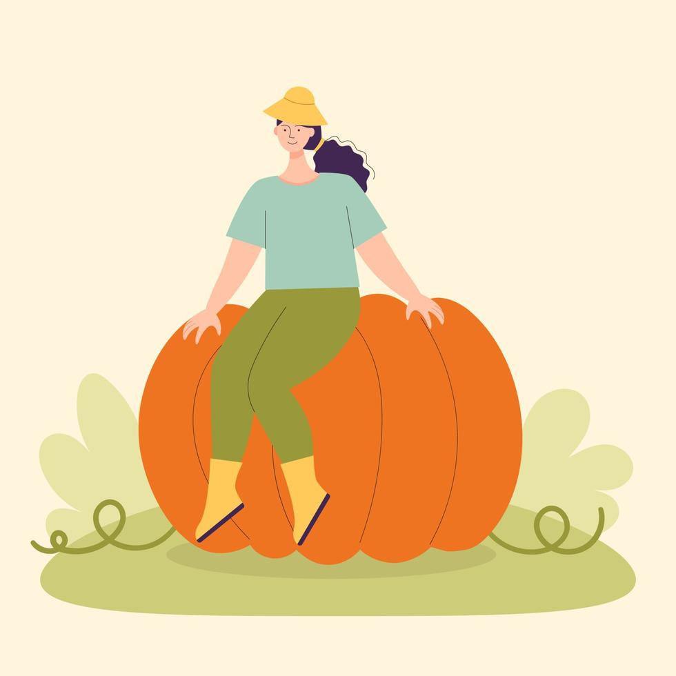 Adult woman farmer with a large pumpkin. Harvesting concept, vegetarianism, healthy food, farm products, vitamins. Fair with village products. Flat cartoon illustration isolated on light background vector