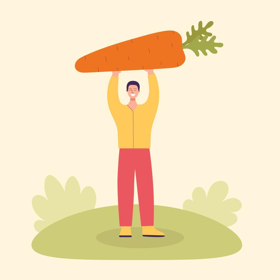 Adult male farmer with a large carrot. Harvesting concept, vegetarianism, healthy food, farm products, vitamins. Fair with village products. Flat cartoon illustration isolated on light background vector