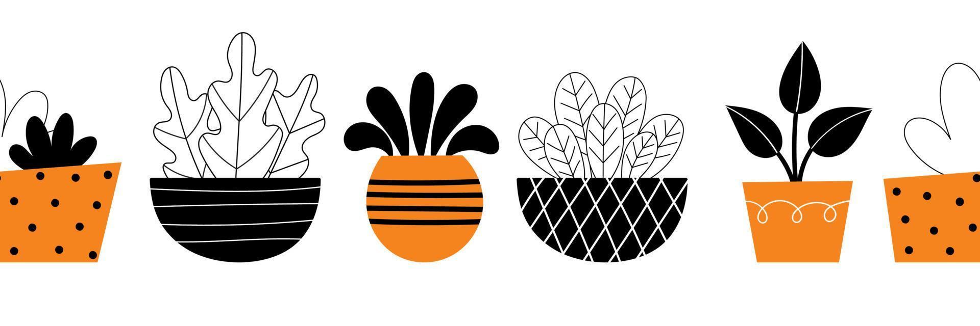 borde vectorial de plantas de interior. decoración del hogar, jardinería, flores en maceta. decoración de la habitación ilustración de diseño estilizado sobre un fondo blanco. espacio para texto. vector