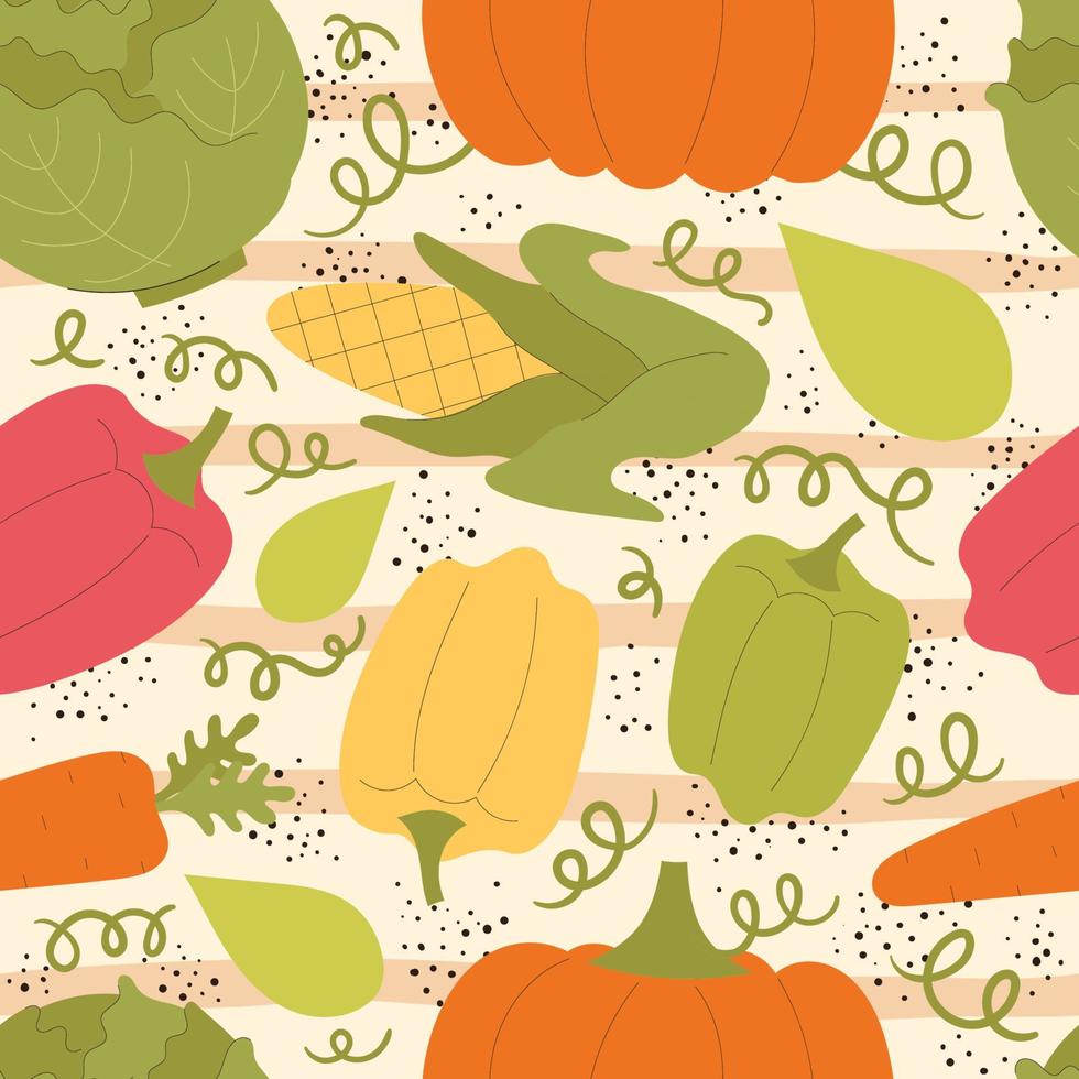 Vector seamless pattern with cute vegetables. Pumpkin, pepper, paprika, corn, carrots. Vegetarian, vitamins. Hand drawn flat illustration
