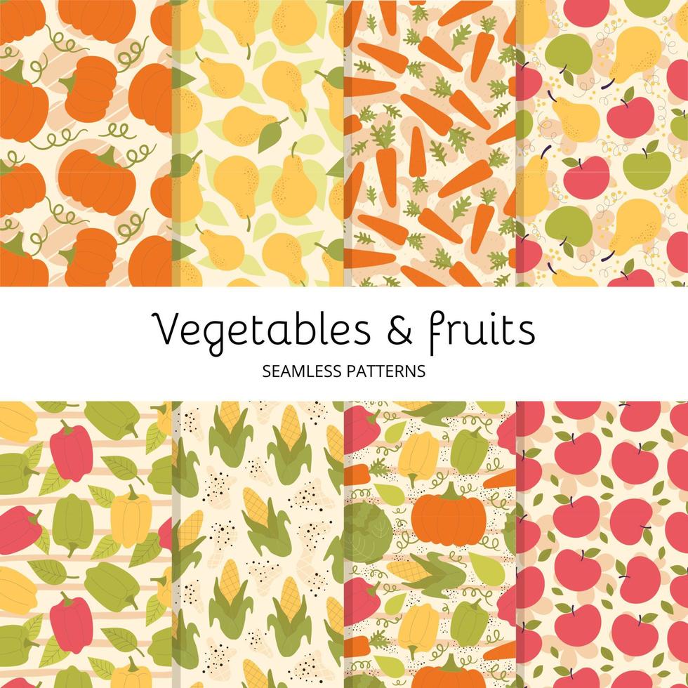 Set Vector seamless patterns with cute vegetables and fruits. Pumpkin, pepper, paprika, corn, carrots, apples, pears. Vegetarian, vitamins. Hand drawn flat illustration