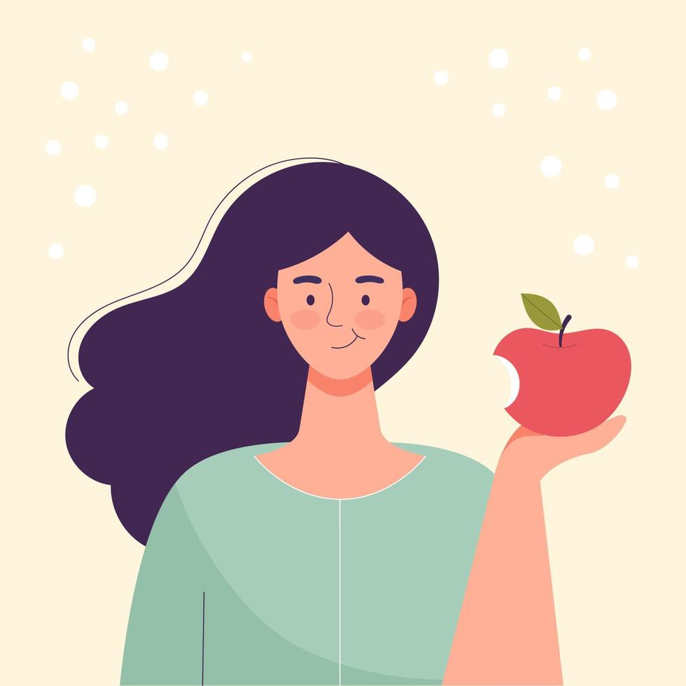 la mujer está comiendo una manzana. comida dietética, estilo de vida saludable, comida vegetariana, dieta de alimentos crudos. merienda estudiantil. ilustración vectorial de dibujos animados plana. vector