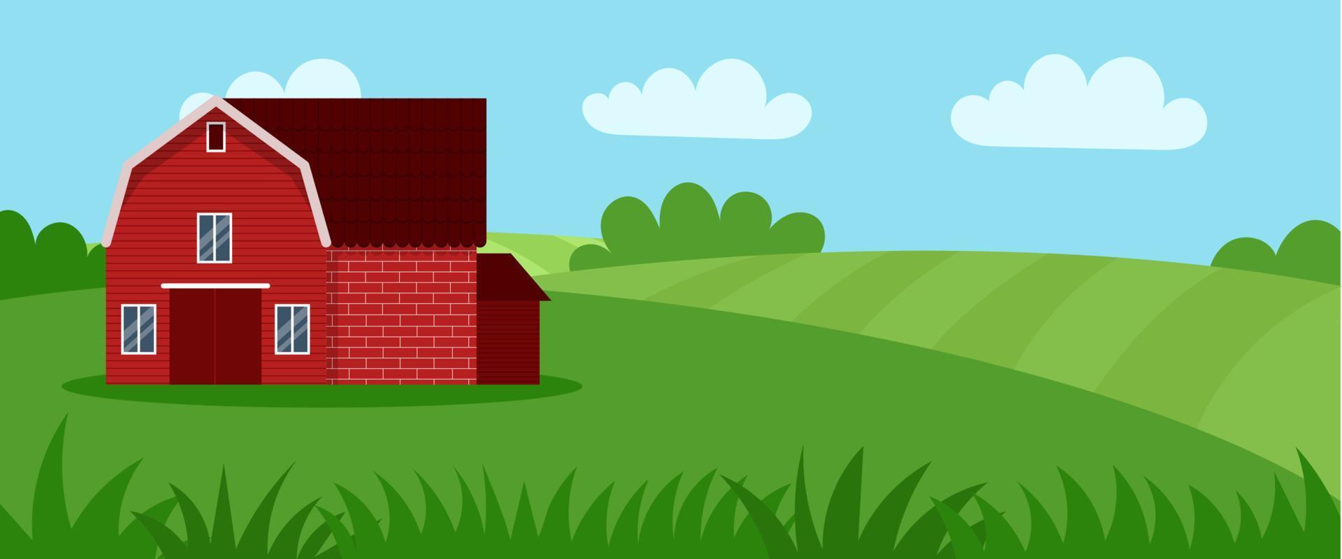 casa de campo en un prado verde, construcción agrícola. ilustración de vector plano sobre un fondo de cielo azul con nubes.campo de panorama de paisaje rural de dibujos animados.banner para sitio web
