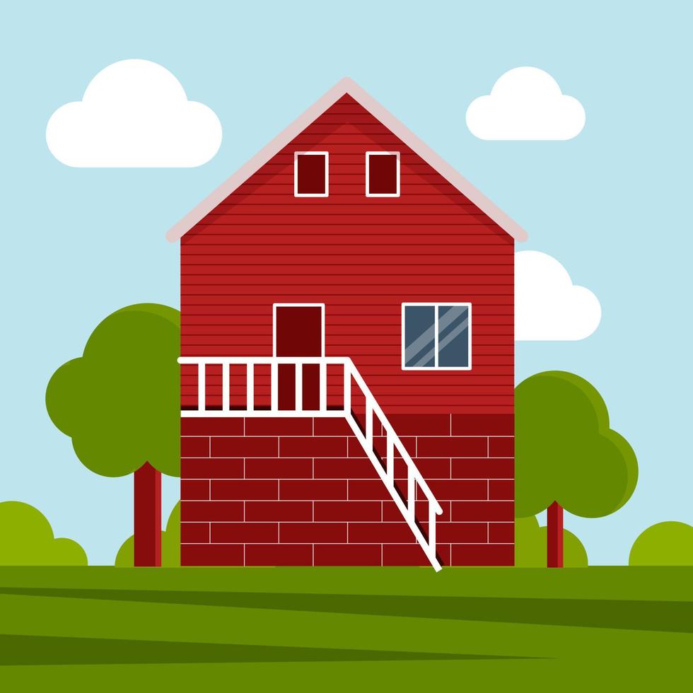 Country farm house on a green meadow, agricultural construction. Flat vector illustration on a background of blue sky with clouds