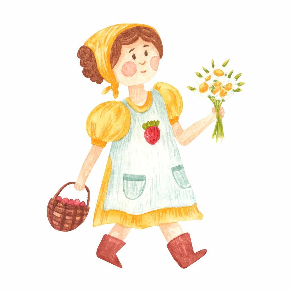 Hand drawn watercolor girl with a basket and a bouquet of flowers. Cute female character in yellow dress and blue apron, with a headscarf in cartoon style isolated ob white background. vector