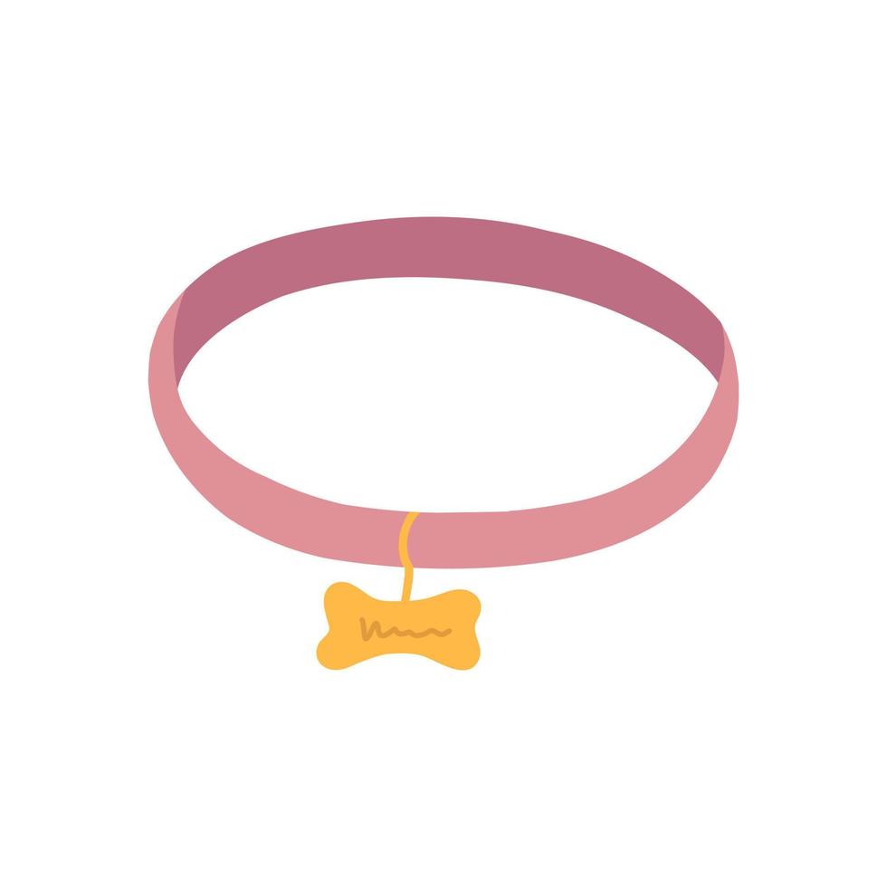 Pink pet collar with golden bone in cartoon flat style. Cats or dogs necklace with medallion. Kittens or puppies accessory isolated on white background. vector