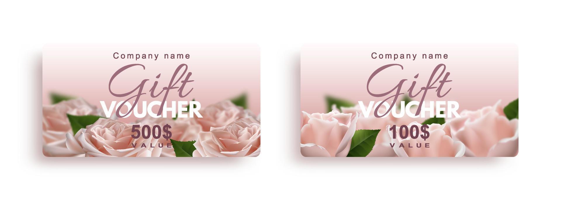 Set of gift vouchers with realistic pink roses flowers. Template for a festive gift coupon, invitation and certificate. Vector Illustration