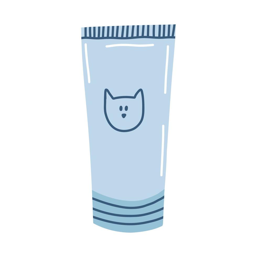 Tube with cream and cat icon in cartoon flat style. Dental hygiene for pet, gel for hairballs, nutritional supplements for healthy kittens. vector