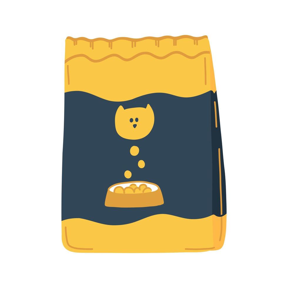 Cat dry food in a package in cartoon flat style. Pet care. Vector illustration of animal feed isolated on white background.