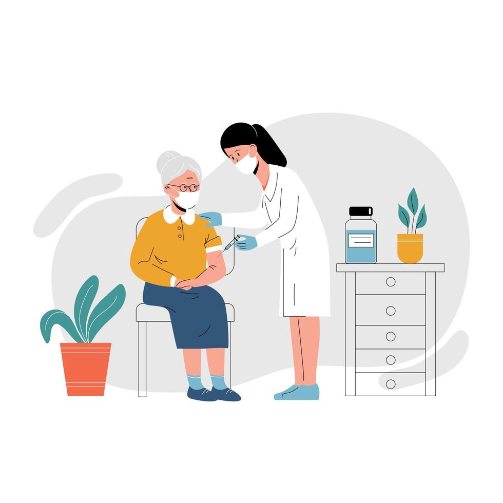 Vector modern illustration of a senior woman and a doctor with a syringe.