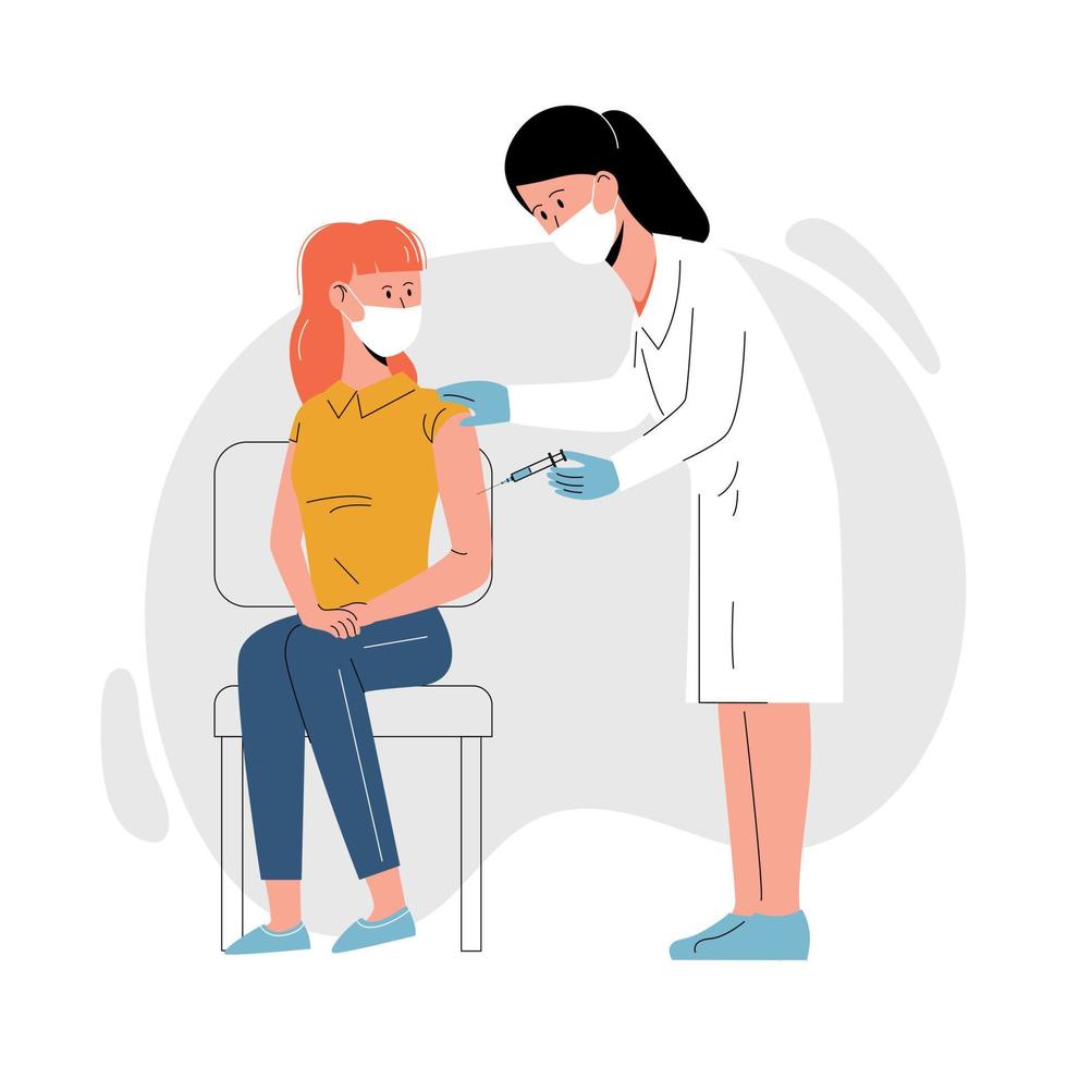 Coronavirus vaccination. Woman in face mask getting vaccinated against Covid-19 in hospital. vector