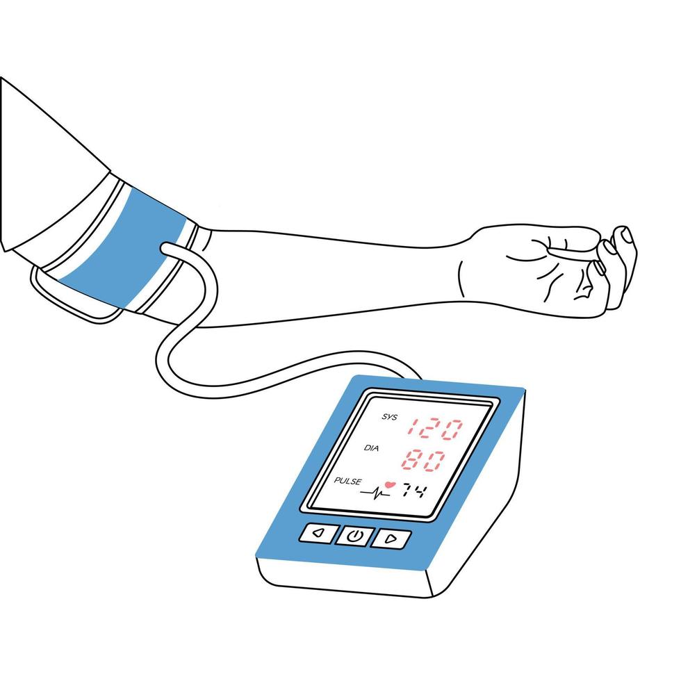 vector outline illustration of a tonometer and the hand of a person measuring blood pressure