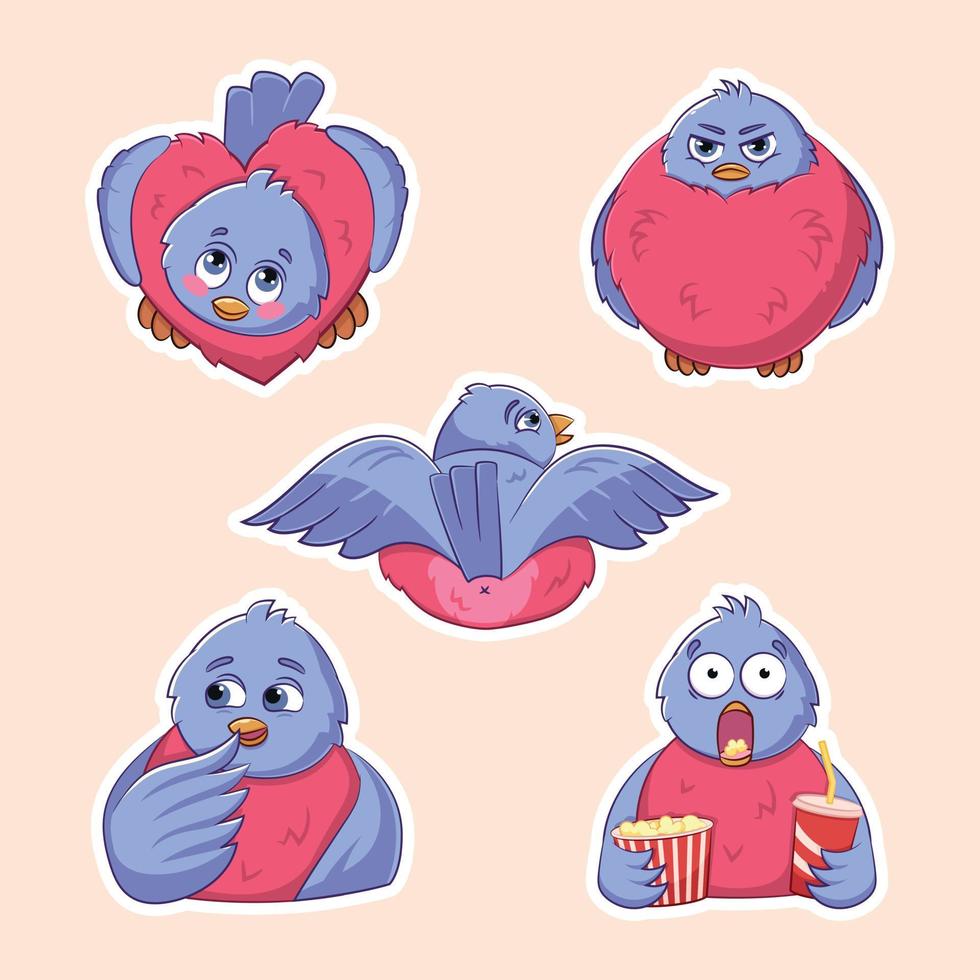 Vector set of cute funny various stickers of bird bullfinchs.