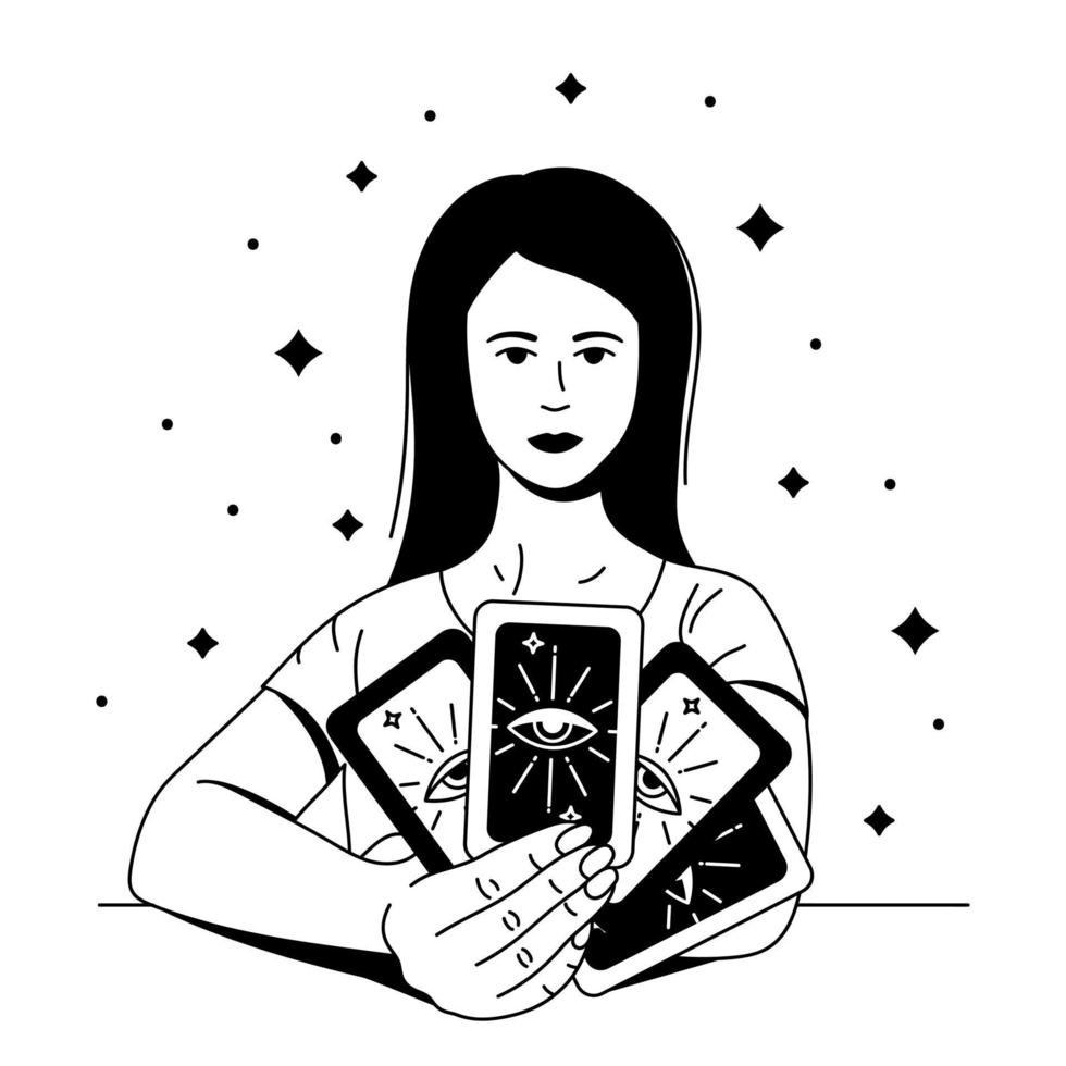 Beautiful woman prophetess  holding tarot cards. Outline black vector illustration.