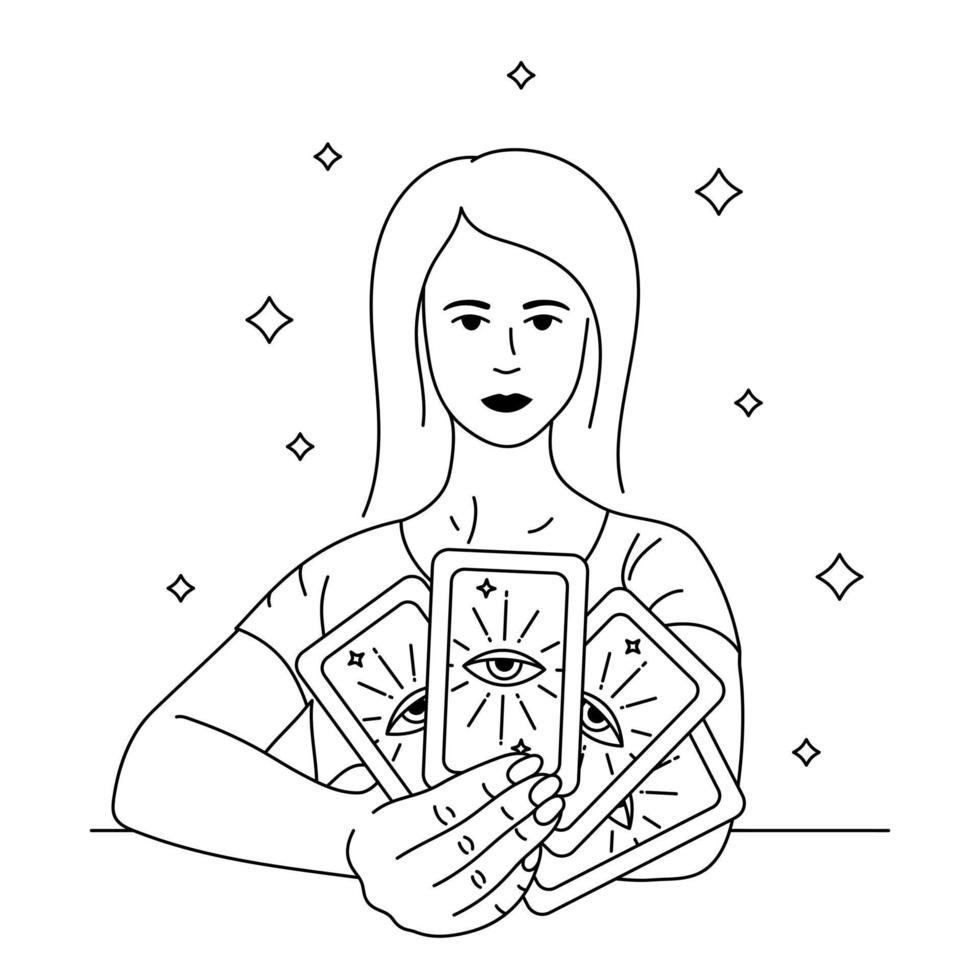 Beautiful woman prophetess  holding tarot cards. Outline black vector illustration.