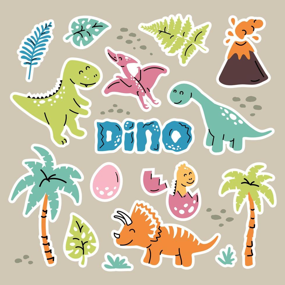 pegatina conjunto de dibujos animados de dinosaurios. colección plana de reptiles, depredadores y herbívoros dino, huevo, volcán, palmeras, plantas. vector