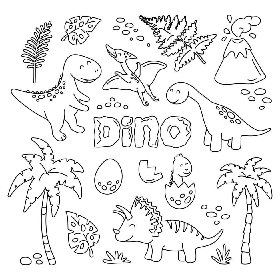 lindos dinosaurios y plantas tropicales en la colección de contornos. vector