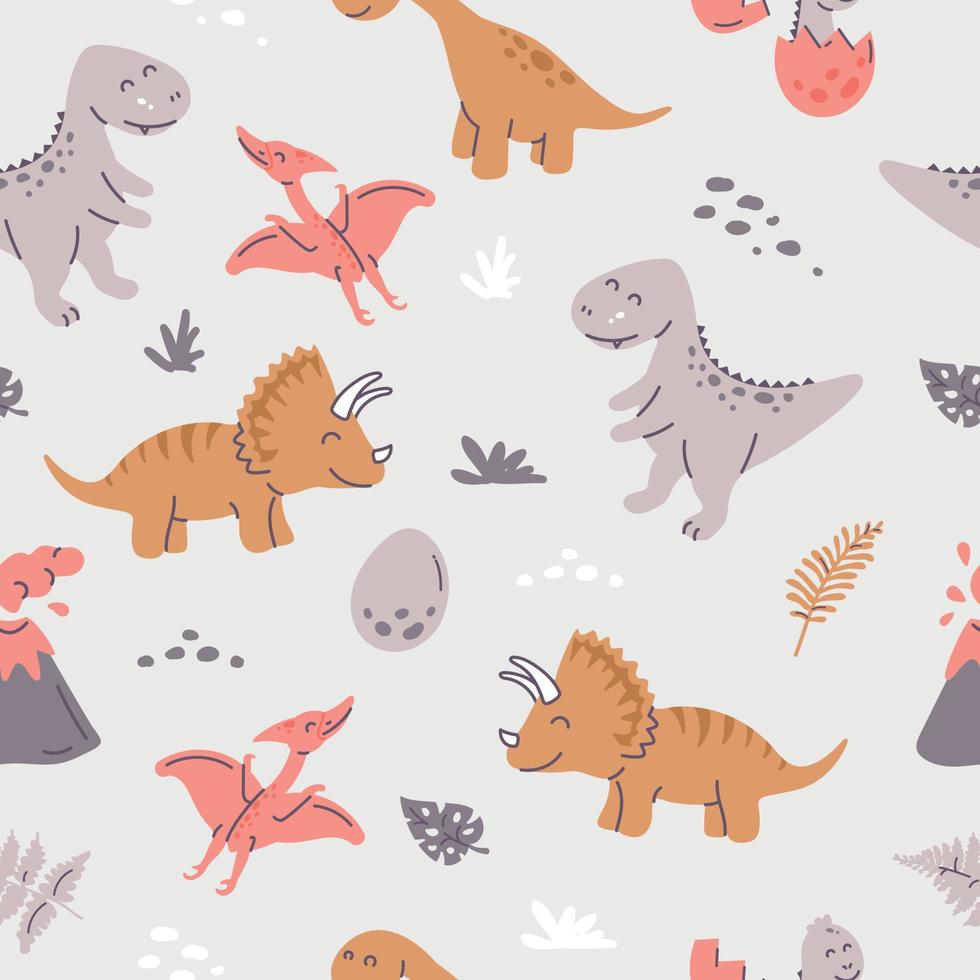 Dinosaurs seamless pattern in cartoon scandinavian style. vector