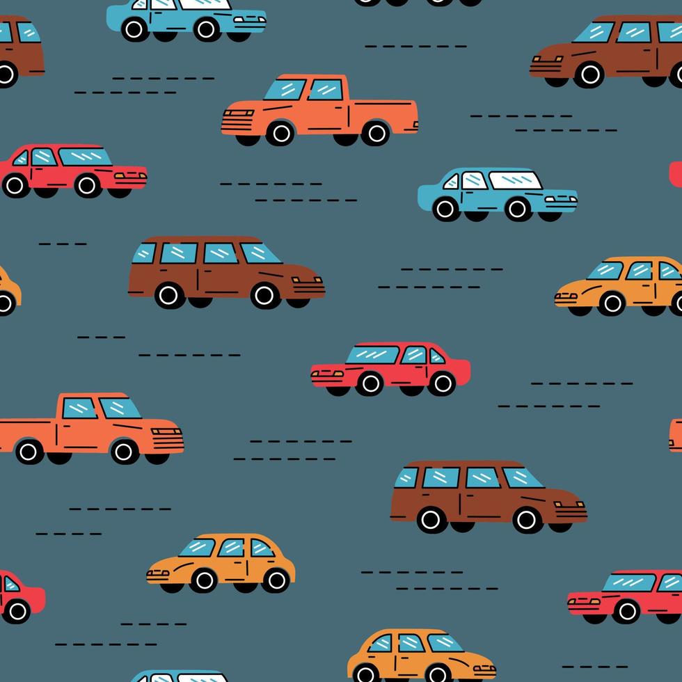 Seamless trendy pattern. A classic cars in retro color on dark blue background. vector