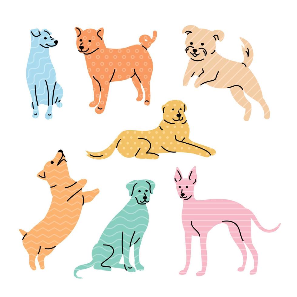 conjunto de lindos perros de raza coloridos. delinear el diseño de personajes de estilo geométrico de moda. vector