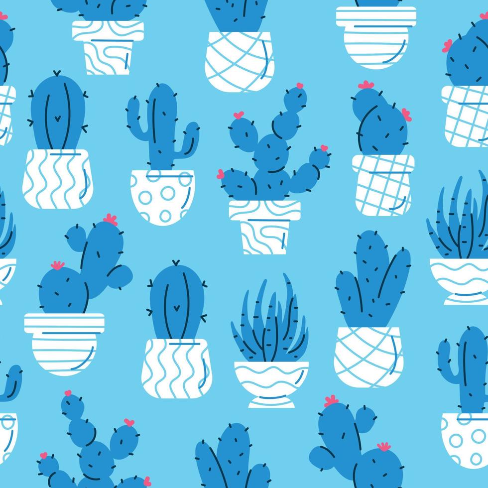 Seamless pattern with blue cactus and succulents on blue background. vector