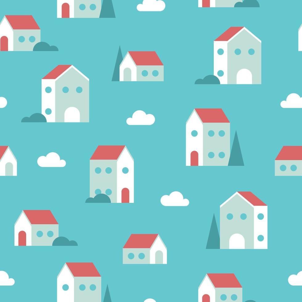 Seamless pattern of tiny geometric houses, clouds and trees in blue colors. vector
