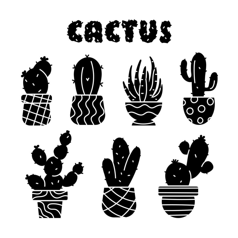 Vector set of black cactus plants in pots with outlines.