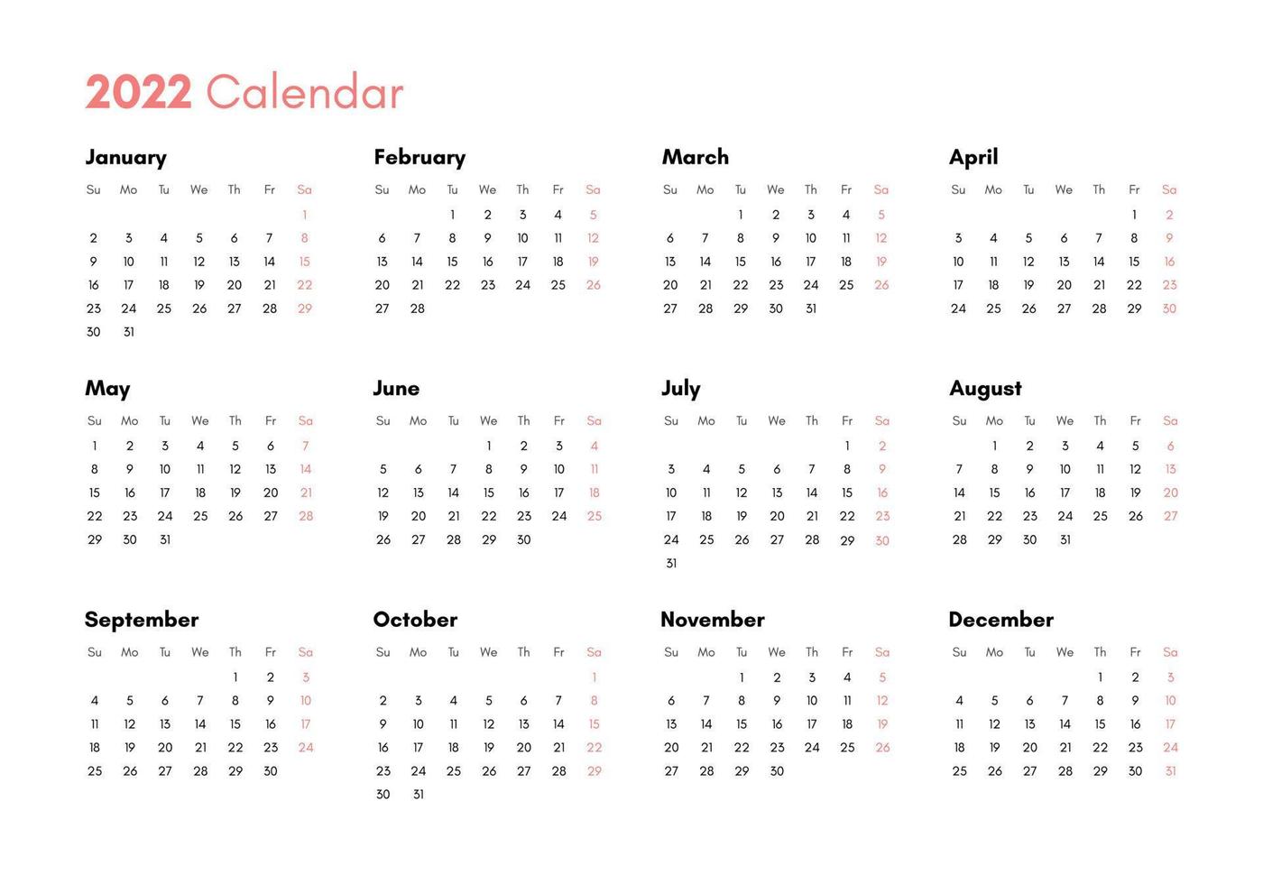 Pocket calendar on 2022 year. Horizontal view. Week starts from Sunday. vector