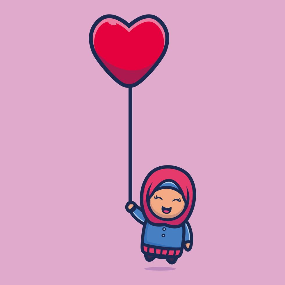 Cute muslim girl flying with a balloon love vector
