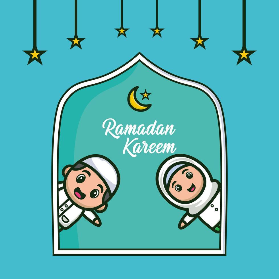 tarjeta de felicitación de ramadán con lindo musulmán de dibujos animados vector